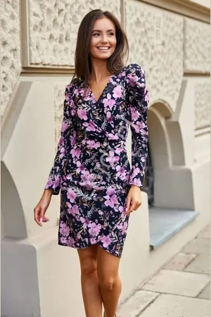 Lejdi Czarna sukienka w kwiaty różowe, elegancka sukienka z długim rękawem City Blooms 342-E57