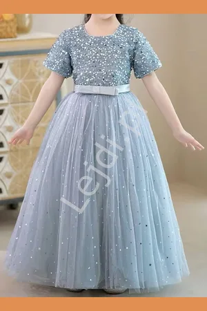 Lejdi Długa elegancka sukienka wieczorowa dla dziewczynki z cekinami i gwiazdkami szara 6632