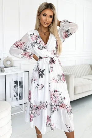 Lejdi 436-2 VALENTINA Sukienka midi z dekoltem i paskiem - BIAŁA W RÓŻE