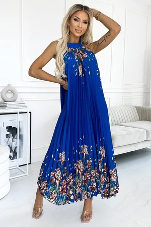 Lejdi 456-1 ESTER Plisowana satynowa sukienka maxi - CHABROWA W KWIATY