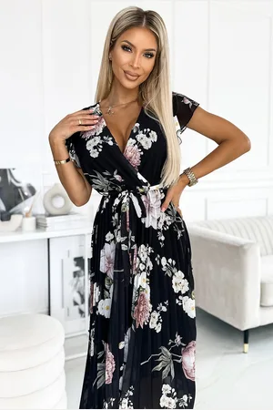 Lejdi 434-2 LISA Plisowana sukienka midi z dekoltem i falbankami - wiosenne kwiaty na czarnym tle