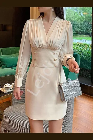Lejdi Elegancka sukienka z szyfonową górą i złotymi guzikami 6353