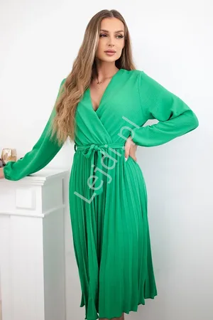 Lejdi Zielona elegancka sukienka wizytowa, zwiewna sukienka midi z plisowaną spódnicą 1027M