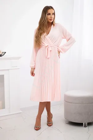 Lejdi Jasno różowa elegancka sukienka szyfonowa z plisowaną spódnicą, modna sukienka na święta, komunię 1027M