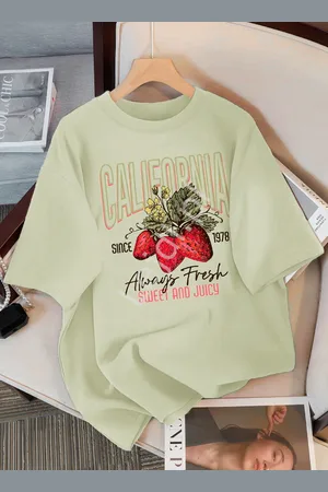 Lejdi Koszulka damska nadruk truskawka, Strawberry na plecach pistacjowy California