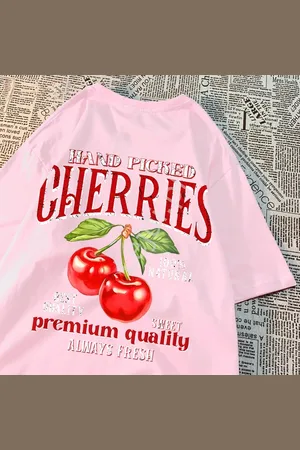 Lejdi Koszulka damska nadruk czerwone wisienki Cherry 100% bawełna, jasno różowa