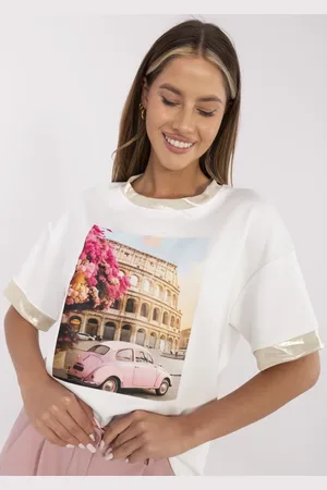 Lejdi T-shirt damski ze złotymi lamówkami ROMA z garbusem , bluzka bawełniano wiskozowa masełko PREMIUM , ecru M61771