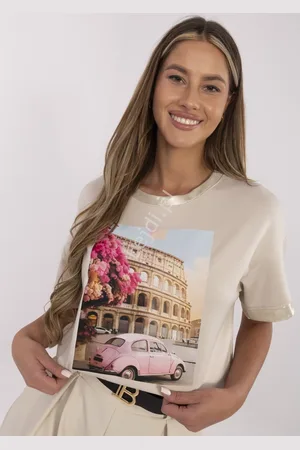 Lejdi T-shirt damski ze złotymi lamówkami ROMA z garbusem , bluzka bawełniano wiskozowa masełko PREMIUM , beżowyM61771
