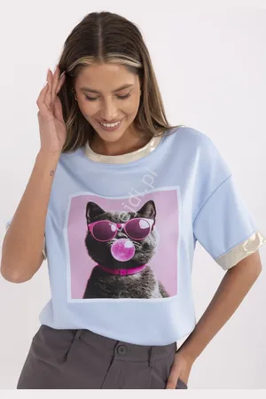 Lejdi Błękitny T-shirt damski kot w okularach z gumą balonową , masełko PREMIUM, bawełniano wiskozowa 1771 Guees So