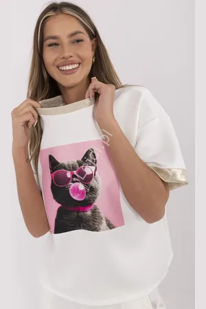 Lejdi Biały T-shirt damski kot w okularach z gumą balonową , masełko PREMIUM, bawełniano wiskozowa 1771 Guees So