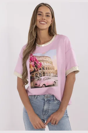 Lejdi T-shirt damski ze złotymi lamówkami ROMA z garbusem , bluzka bawełniano wiskozowa masełko, różowy PREMIUM M61771