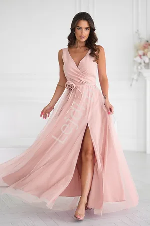 Lejdi Morelowo różowa suknia na studniówkę, wesele, sylwestra z różą HB318 , r.34 - r.48 , Plus Size