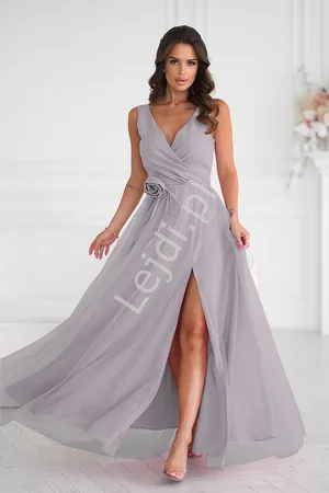 Lejdi Szara suknia na studniówkę, wesele, sylwestra z różą HB318 , r.34 - r.48 , Plus Size