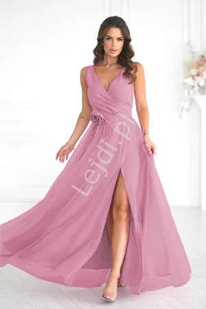Lejdi Pustynno różowa suknia na studniówkę, wesele, sylwestra z różą HB318 , r.34 - r.48 , Plus Size