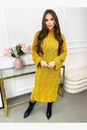 Madeline Fashion Sukienka Sweterkowa Maxi Tamira Musztardowa