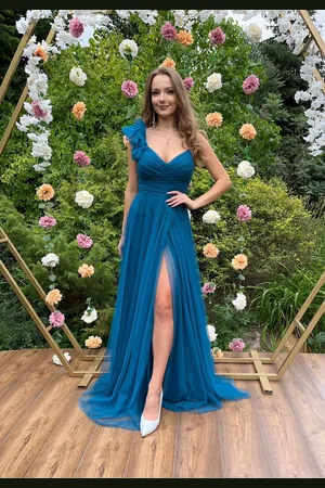 Madeline Fashion Sukienka Maxi Tiulowa Lucky Turkusowa Brokatowa