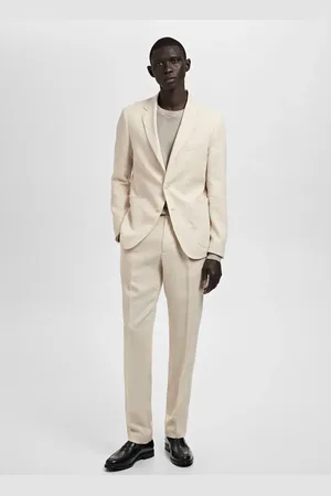 MANGO Marynarka garniturowa Salerno 100% len slim fit kremowy / écru