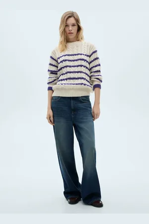 MANGO Sweter z warkoczami w paski kremowy / écru