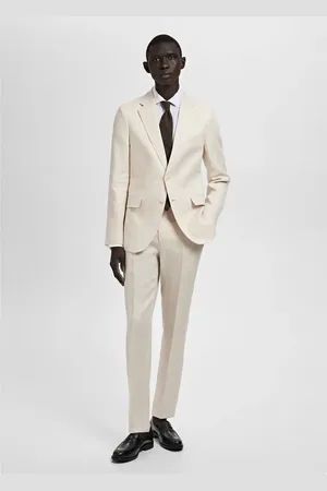MANGO Spodnie garniturowe Amalfi slim fit z 100% lnu kremowy / écru
