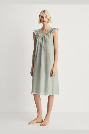 MANGO Koszula nocna bawełniana overdyed z koronką