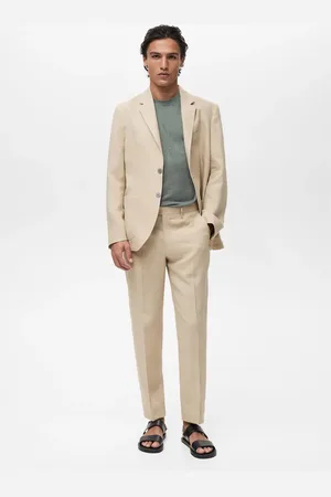 MANGO Spodnie slim fit z 100% lnu średni brązowy