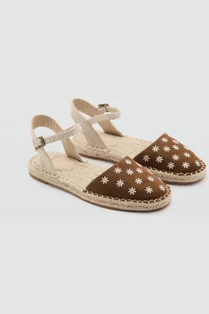 MANGO Espadryle z paskami i motywem kwiatów średni brązowy