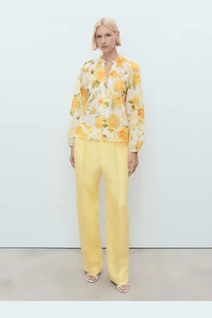 MANGO Bawełniana bluzka kwiatowy wzór żółty
