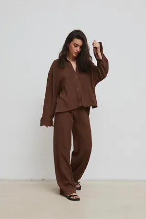 Marsala Spodnie z plisowanej BAWEŁNY w kolorze BROWN