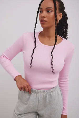 Marsala Dopasowany top z długim rękawem z prążkowanej dzianiny w kolorze CANDY PINK