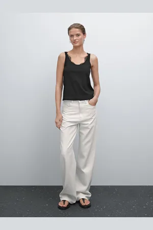 Massimo Dutti Bawełniany Top Z Ozdobną Koronką