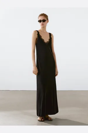 Massimo Dutti Długa Luźna Sukienka Z Koronkowym Dekoltem