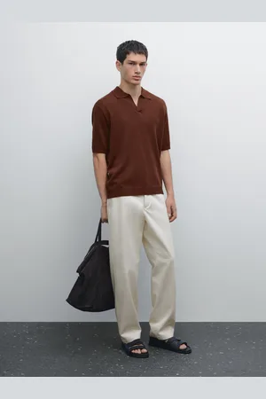 Massimo Dutti Dzianinowa Koszulka Polo Z Dekoltem W Serek Z Mieszanki Bawełny I Lnu