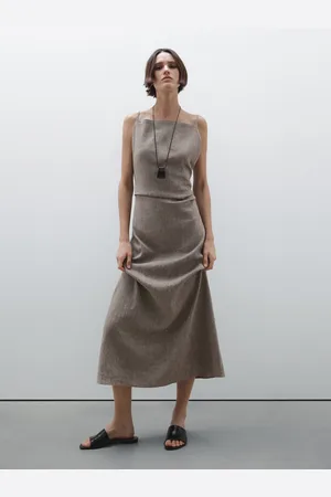 Massimo Dutti Długa Luźna Sukienka Z Mieszanki Lnu