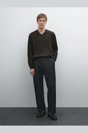 Massimo Dutti Dzianinowy Sweter Z Mieszanki Bawełny Z Dekoltem W Serek