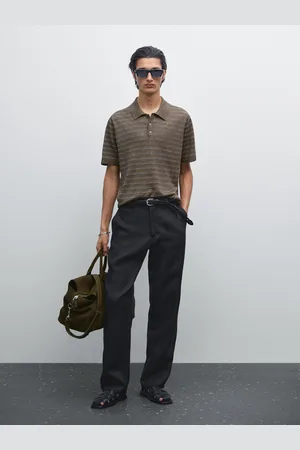 Massimo Dutti Dzianinowa Koszulka Polo Ze 100% Lnu W Paski