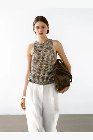 Massimo Dutti Ażurowy Top Z Mieszanki Bawełny Z Dekoltem Halter