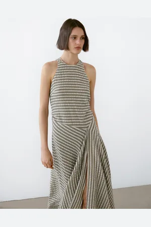 Massimo Dutti Długa Bawełniana Sukienka O Rozszerzanym Kroju W Kratkę