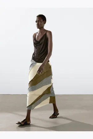 Massimo Dutti Patchworkowa Spódnica Średniej Długości Ze 100% Lnu