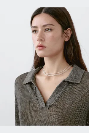 Massimo Dutti Dzianinowy Sweter Ze 100% Lnu Z Kołnierzykiem Polo