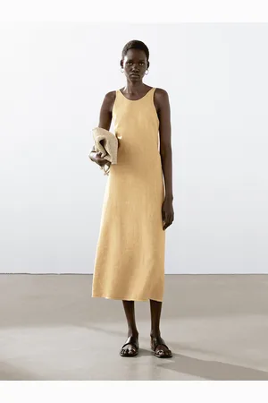Massimo Dutti Długa Sukienka Ze 100% Lnu Z Dekoltem Halter
