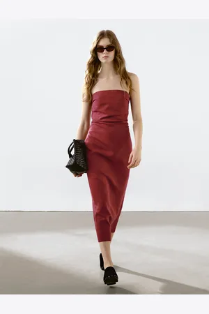 Massimo Dutti Lniana Sukienka Midi Bez Ramiączek