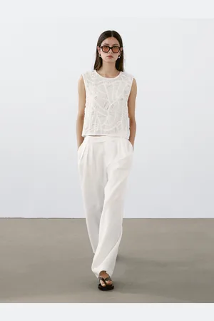 Massimo Dutti Spodnie Ze 100% Lnu Z Potrójnymi Zakładkami