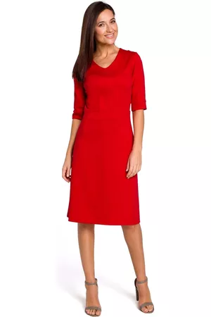 Moe Czerwona sukienka midi o kroju litery a z rękawami do łokcia