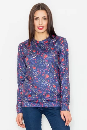 Figl Granatowa klasyczna bluza w kolorowe kwiaty
