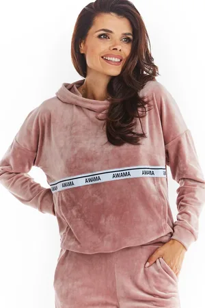 Awama Welurowa Bluza Kangurka Logowaną Taśmą