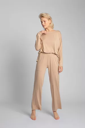 MOE Kobieta Spodnie - Wiskozowe spodnie od piżamy z szerokimi nogawkami - cappuccino