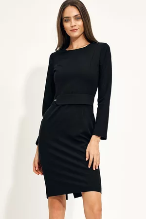 Nife Kobieta Sukienki do pracy - Biznesowa sukienka z ozdobnym pasem w talii - czarna