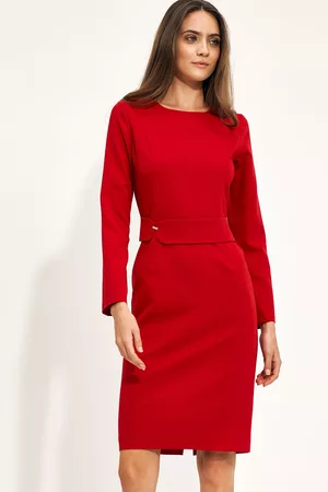 Nife Kobieta Sukienki do pracy - Biznesowa sukienka z ozdobnym pasem w tali - czerwona