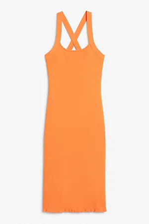 Monki Ribbed cross-back fitted dress