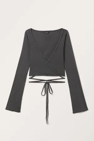 Monki Ribbed Long Sleeve Wrap Top